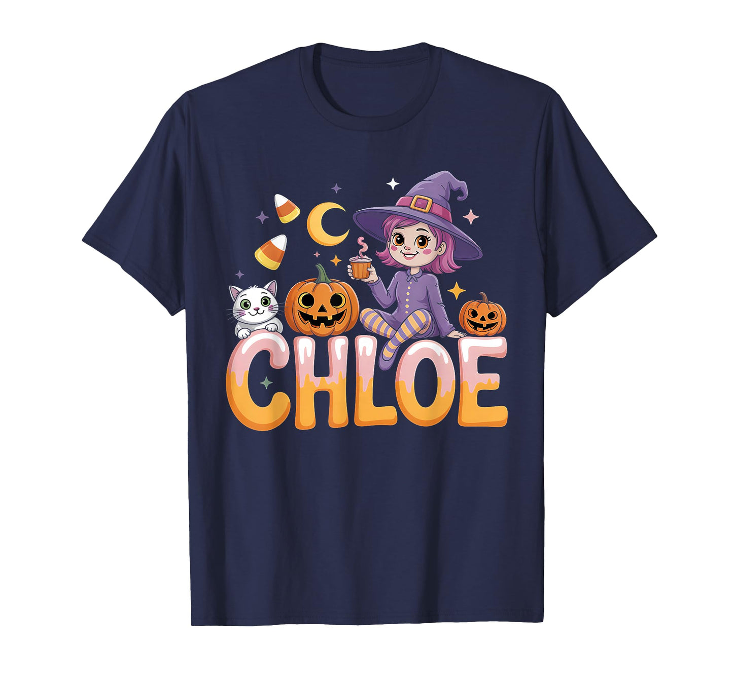 Chloe Witch Candy Corn Cat Halloween Women and Girls T-Shirt