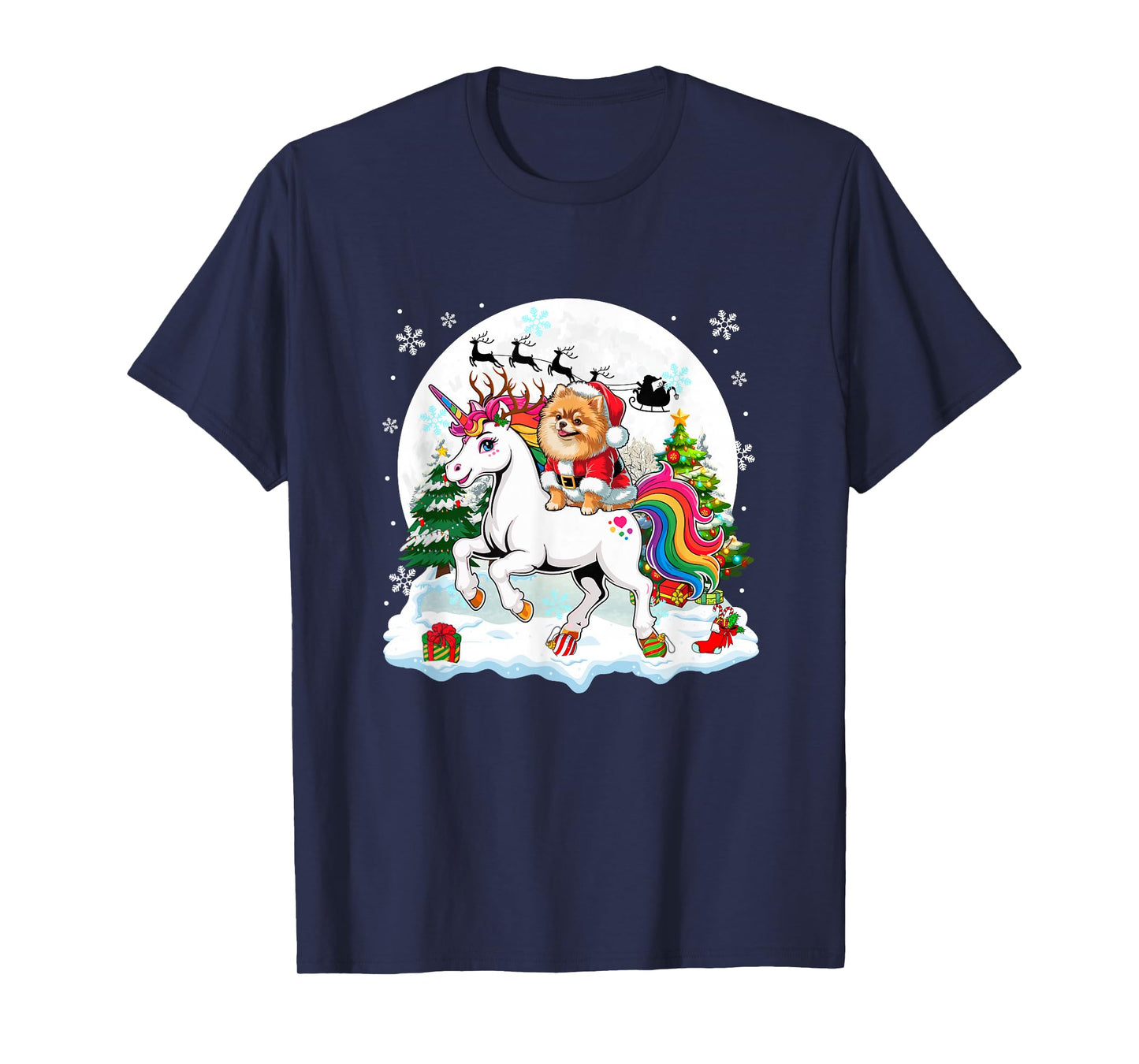 Santa Pomeranian Riding Unicorn Reindeer Christmas Owner T-Shirt