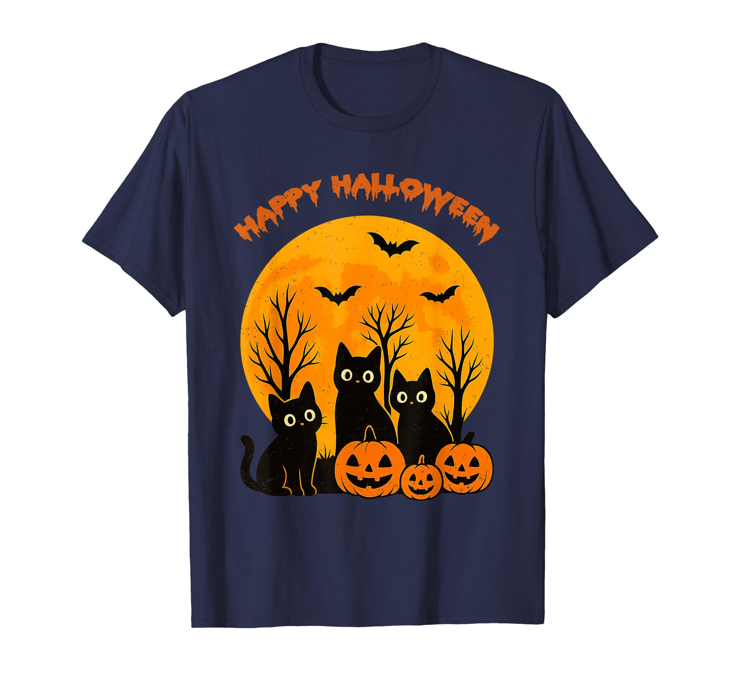 Black Cat Pumpkin Moon Bats Happy Halloween Kitten Lover T-Shirt