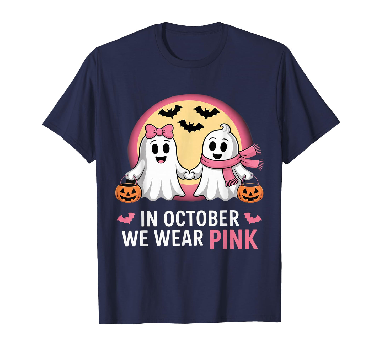 in October We Wear Pink Ghost Witch Breast Cancer Awareness T-Shirt