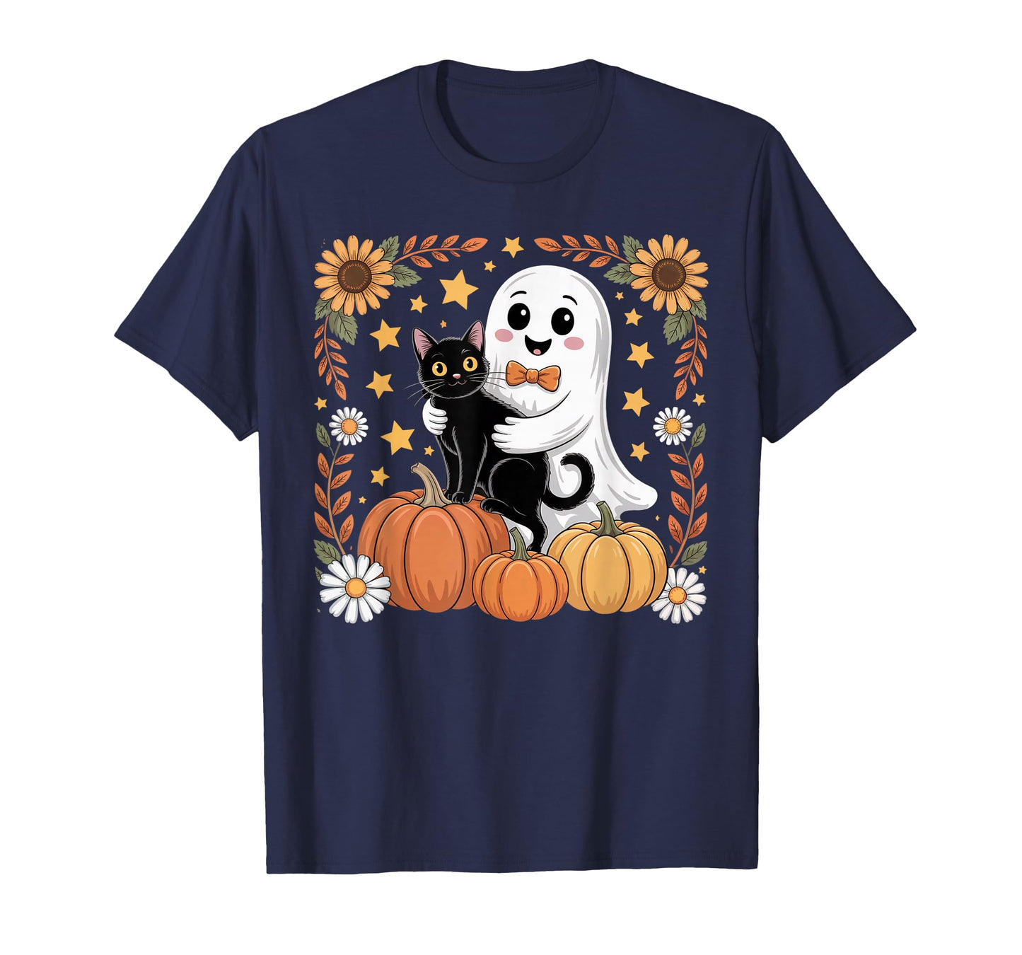 Womens Halloween Ghost Black Cat Ghost Halloween Girls T-Shirt