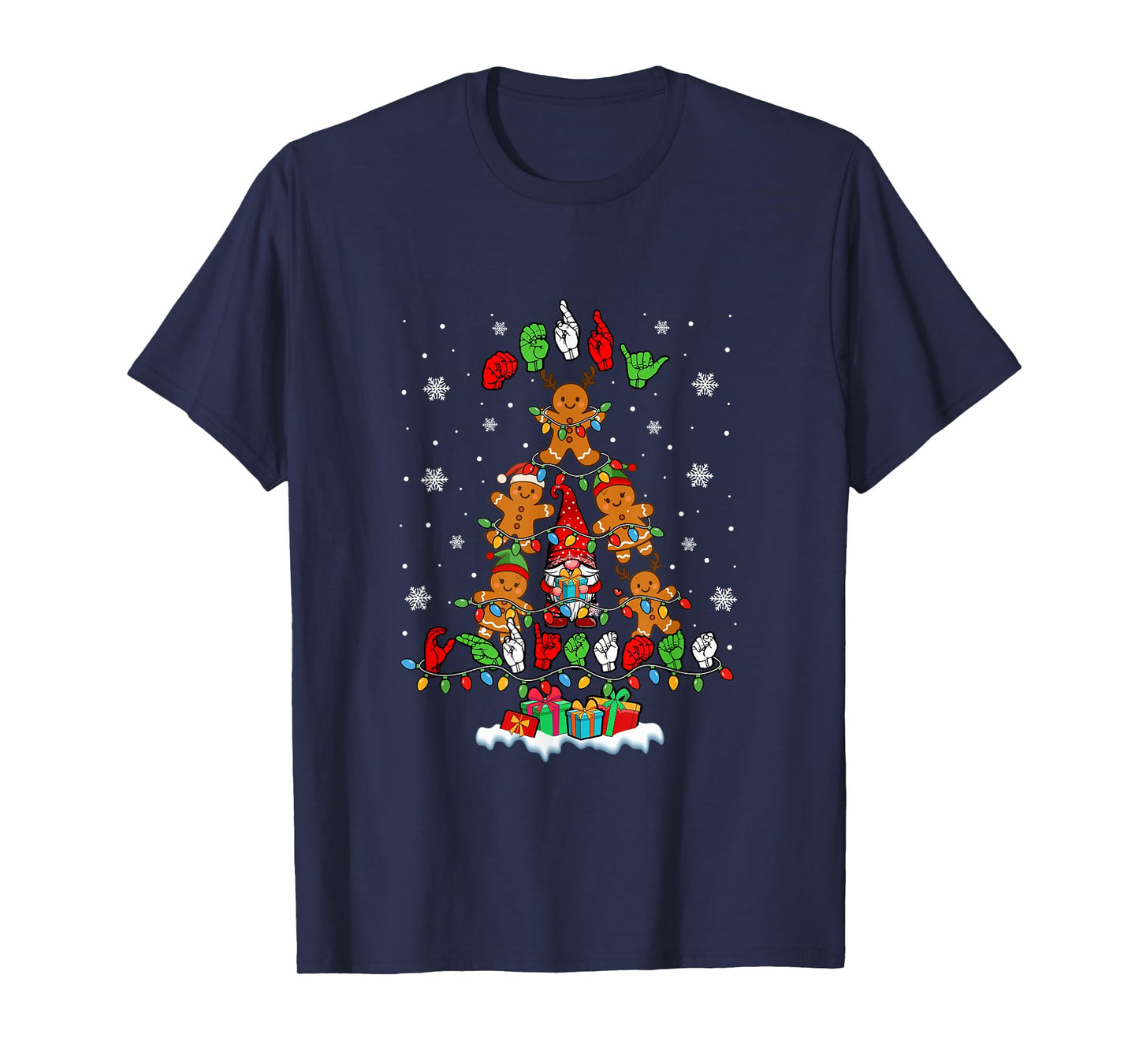 Merry Christmas ASL Colorful Gnomes Gingerbreads Xmas Tree T-Shirt