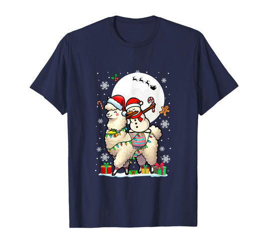 Dabbing Snowman On Llama Christmas Santa Colorful Lights T-Shirt