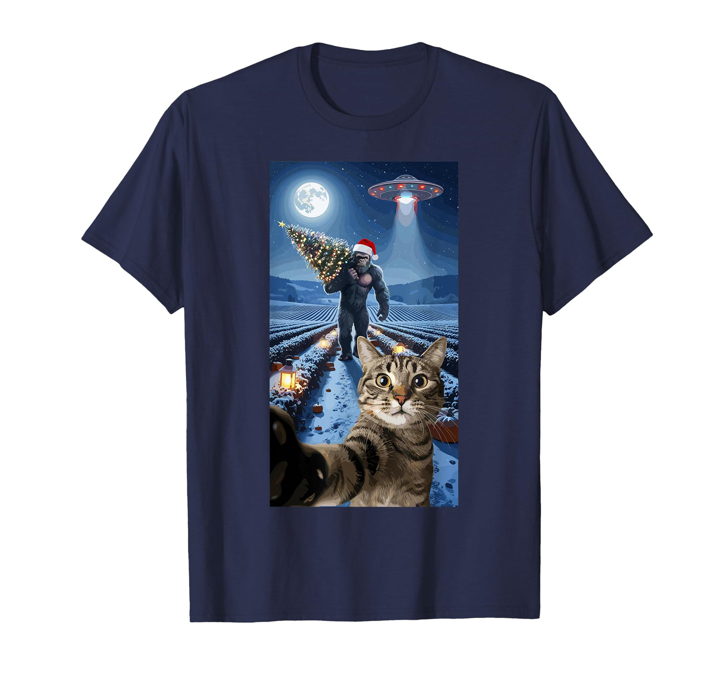 Christmas Bigfoot Cat Selfie UFO Holiday Scene T-Shirt
