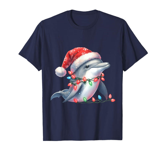 Dolphin Christmas Lights Funny Santa Hat Merry Xmas T-Shirt