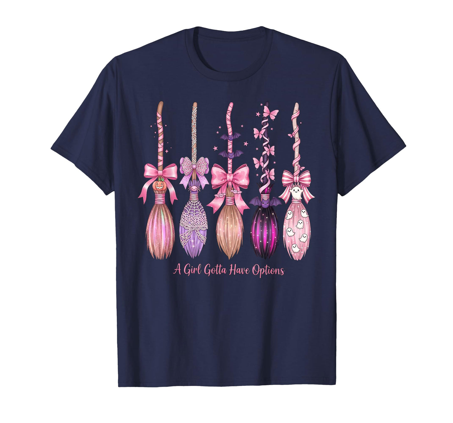 Halloween Pink Bow A Girl Gotta Have Options Witch Brooms T-Shirt
