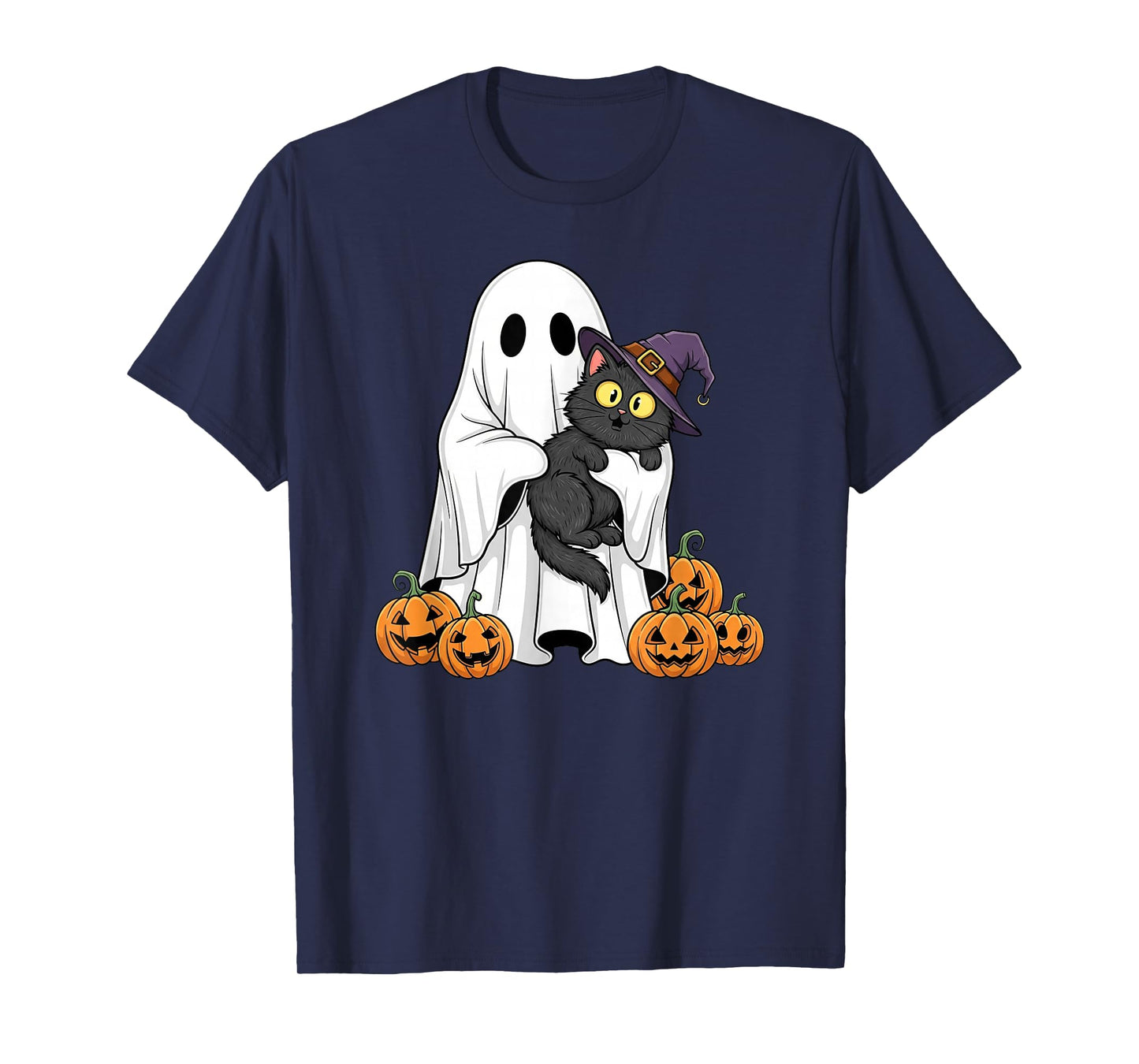 Funny Ghost Pumpkin Cat Halloween Kids Mens Womens T-Shirt