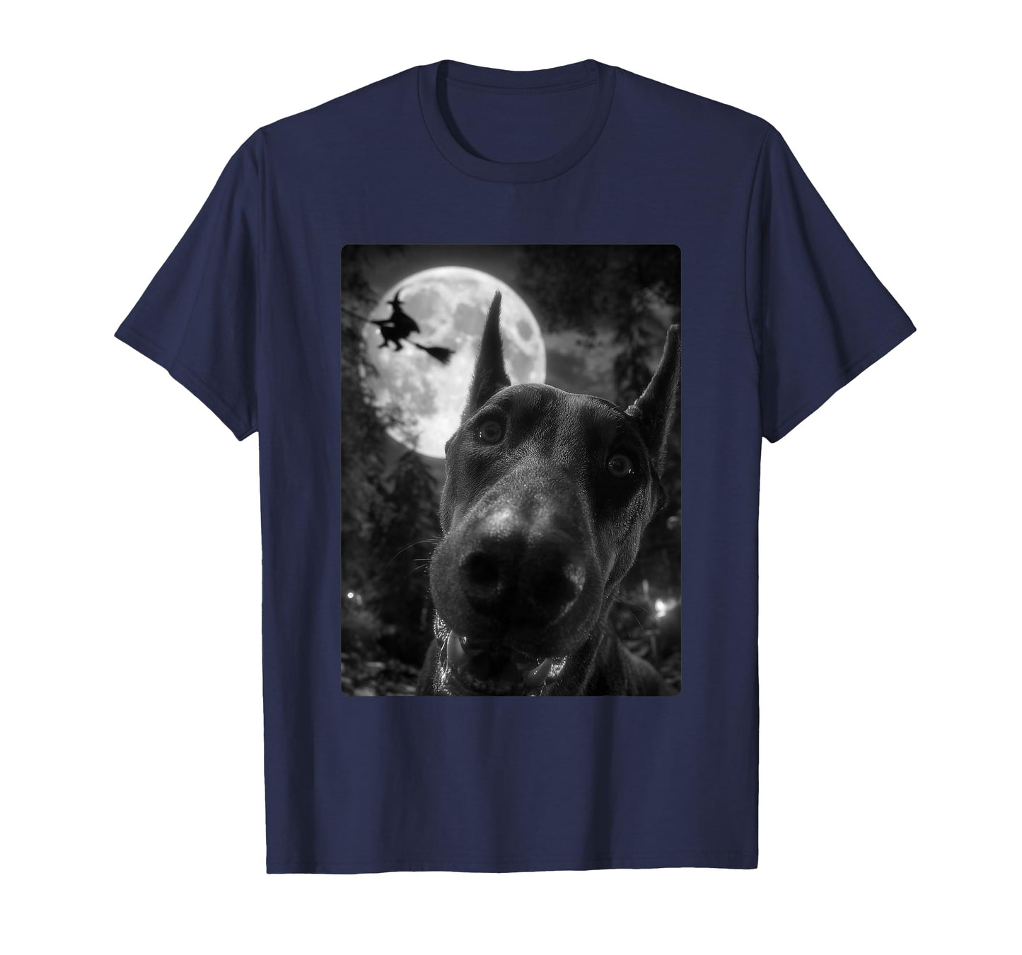 Funny Doberman Selfie Full Moon Flying Witch Halloween Dog T-Shirt