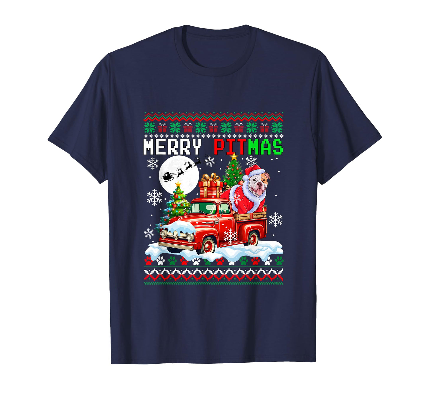 Merry Christmas Sweater Santa Pit Bull On Pickup Truck T-Shirt