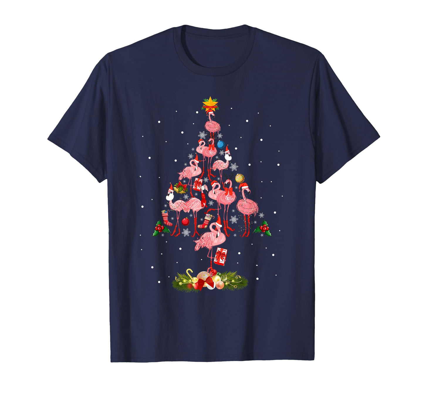 Pink Flamingo Santa Merry Christmas Tree Lights Xmas Womens T-Shirt