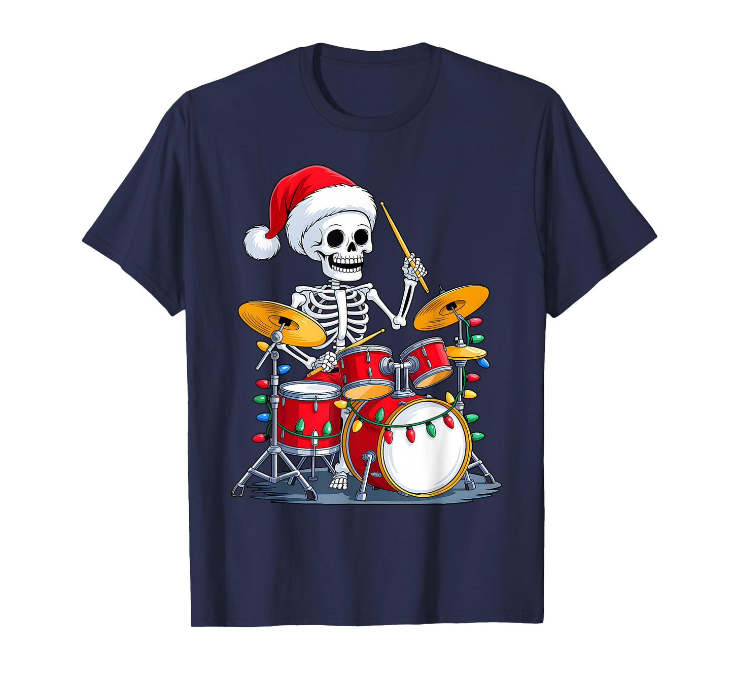 Santa Skeleton Playing Drum Percussionist Drummer Christmas T-Shirt