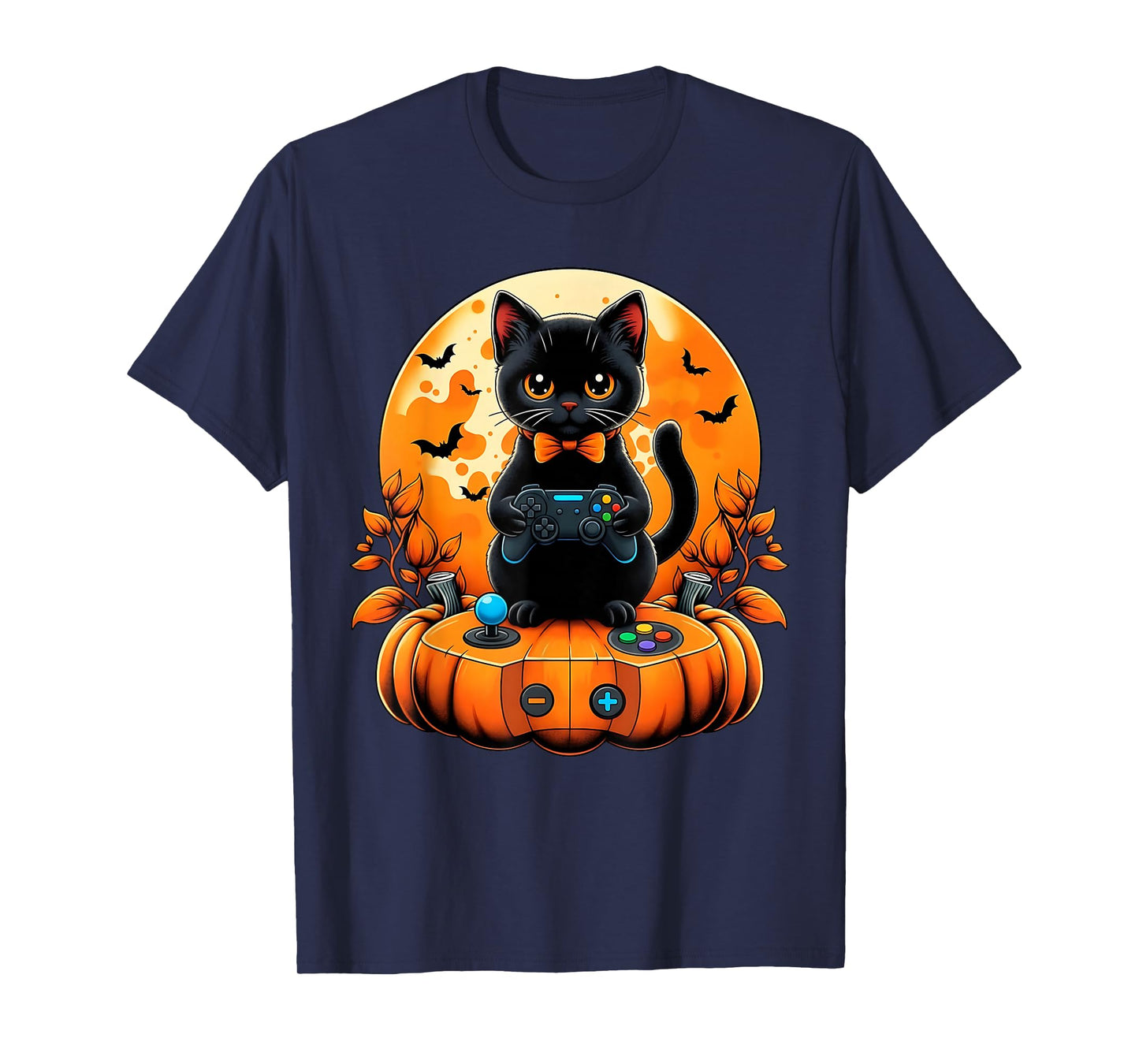 Retro Black Cat Halloween Gaming Fall Autumn Pumpkin Spooky T-Shirt