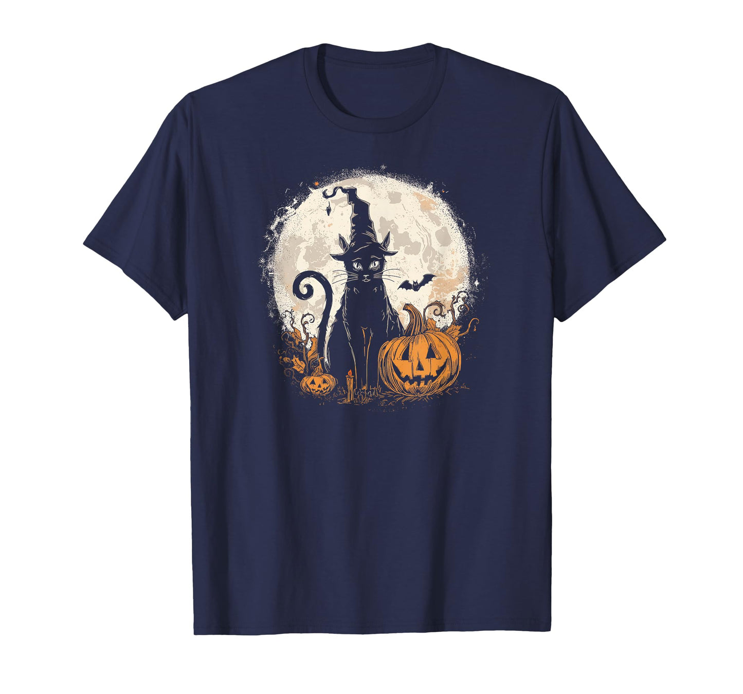 Spooky Cat, in a Witch hat, Carved Pumpkin and Full Moon T-Shirt
