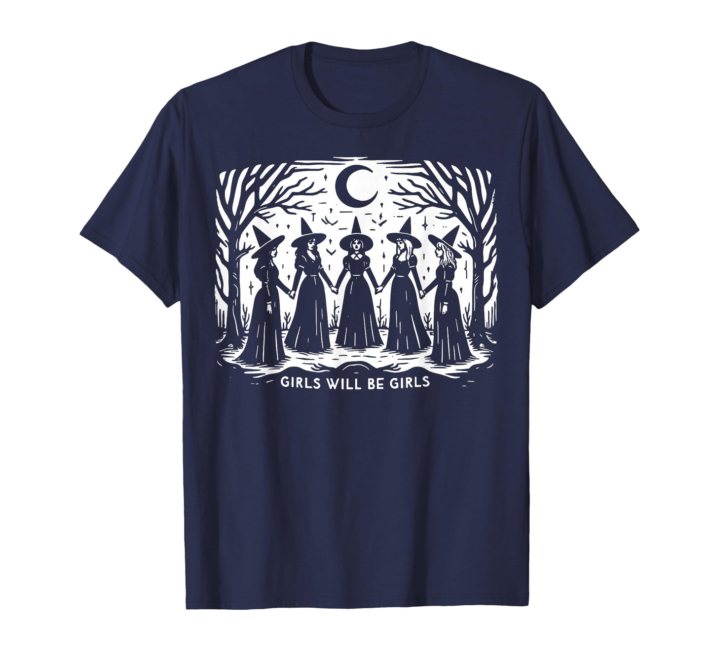 Vintage Witchy Girls Holding Hands Under Moonlight Spooky T-Shirt
