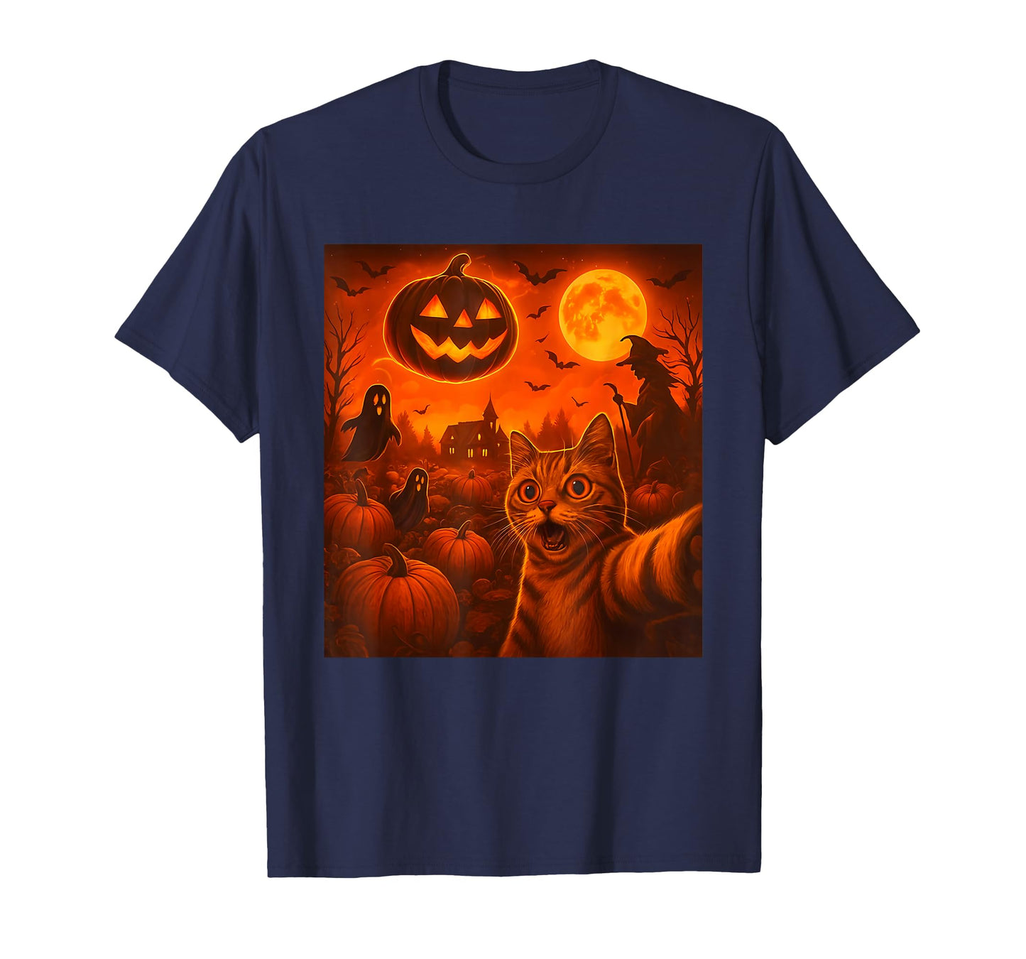 Funny Halloween Cat Selfie Pumpkin Ghost T-Shirt