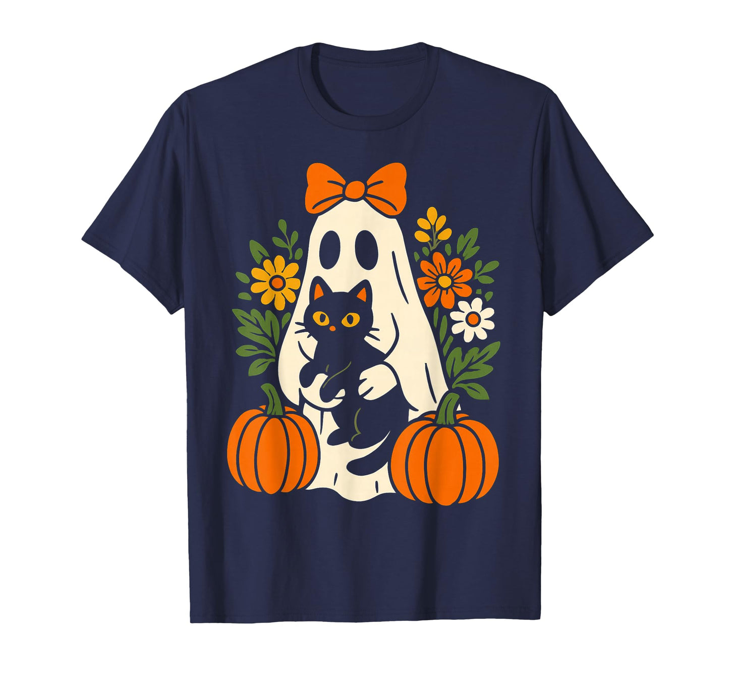 Vintage Groovy Floral Ghost Holding Black Cat Halloween T-Shirt
