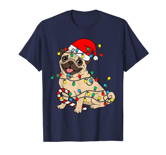 Cute Pug Christmas Lights Santa Pajama Xmas Pet Dog Lover T-Shirt