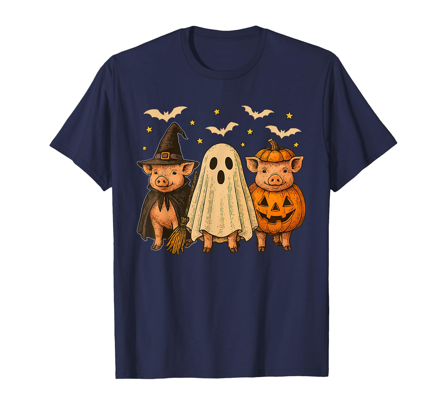 Three Halloween Funny Pigs Cosplay Witch Boo Carved Pumpkin T-Shirt