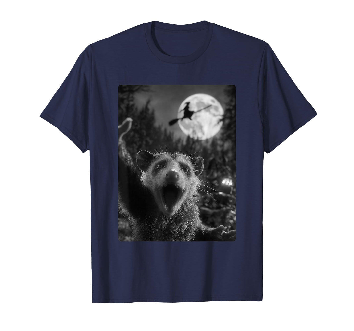 Funny Opossum Selfie Full Moon Flying Witch Forest Halloween T-Shirt