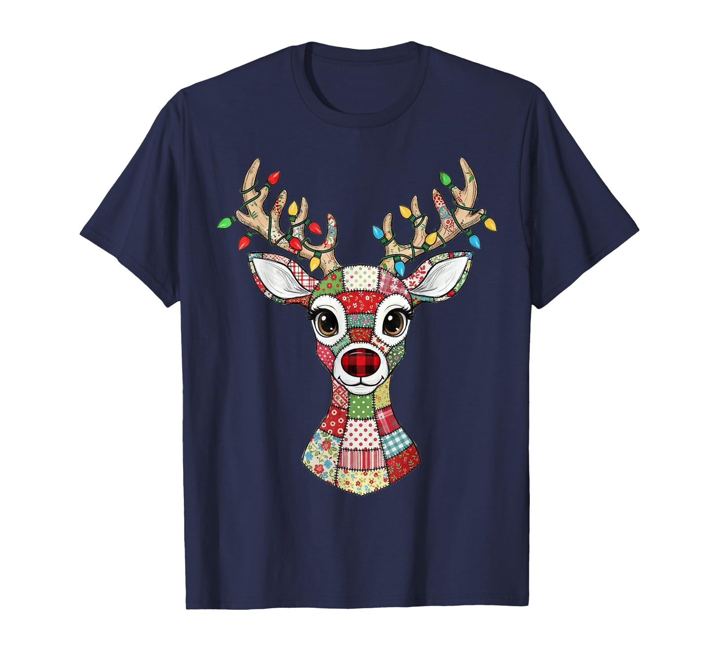 Patchwork Rudolph Christmas Deer Lights Vintage Retro T-Shirt