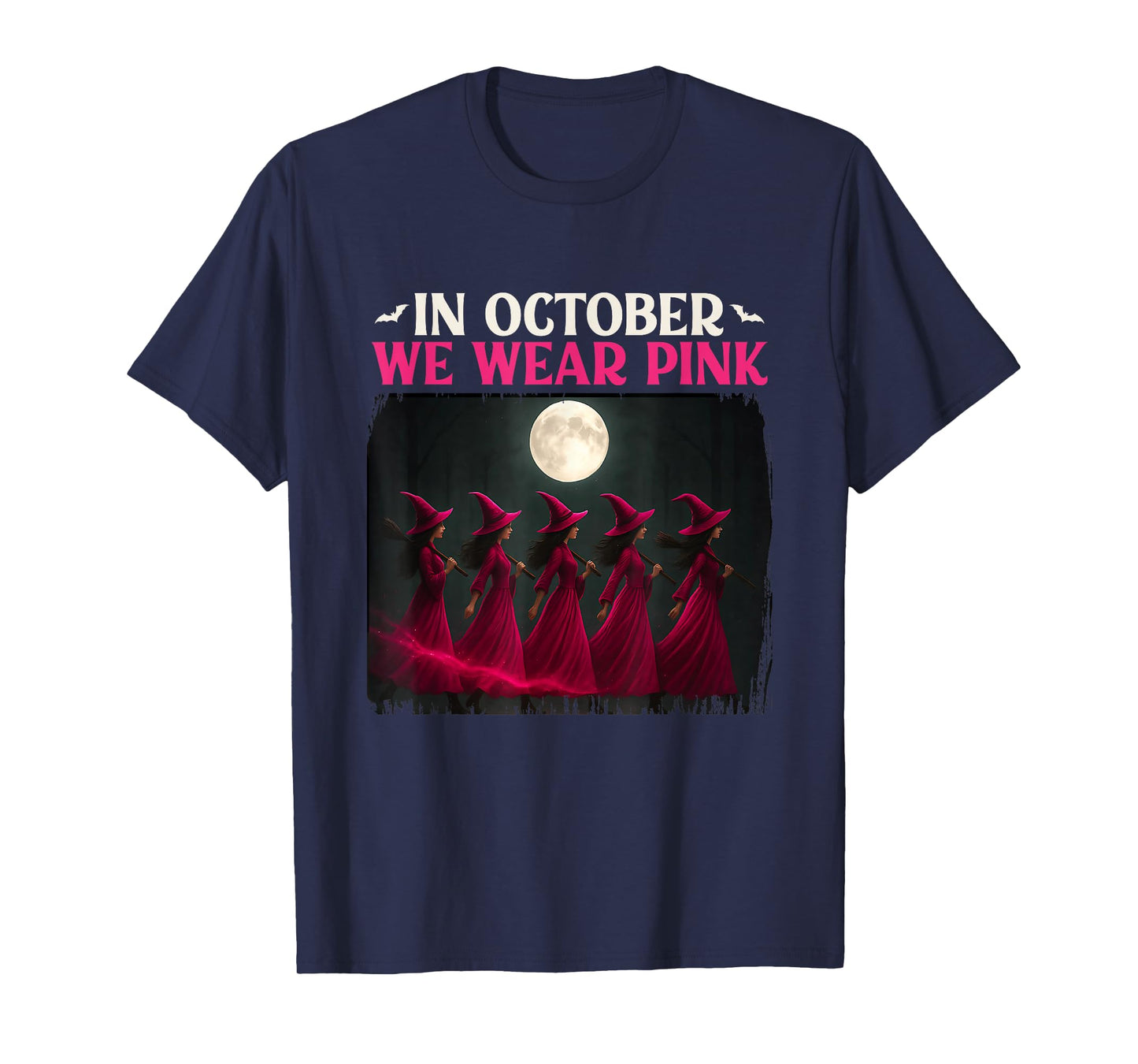 in October We Wear Pink Witch Breast Cancer Halloween Retro T-Shirt