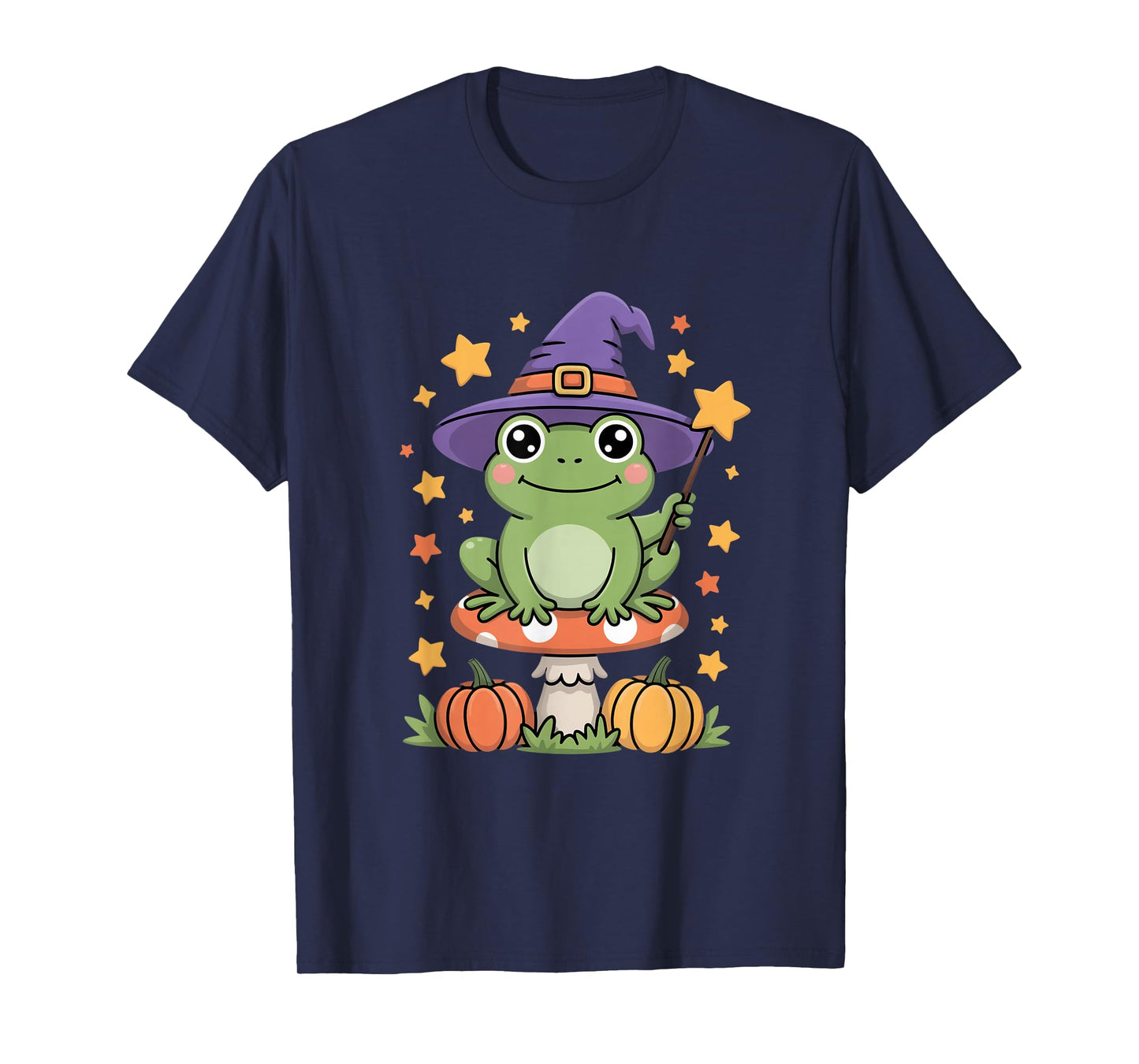 Cute Frog Witch On Mushroom with Pumpkins and Stars T-Shirt
