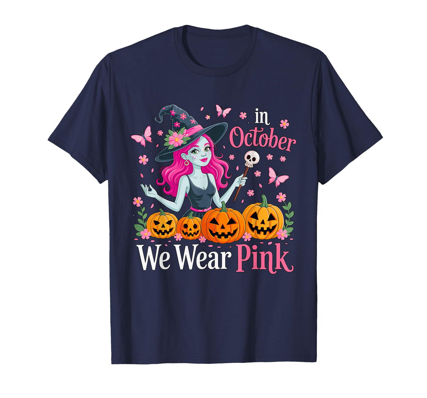 in October We Wear Pink Breast Cancer Witch Halloween T-Shirt