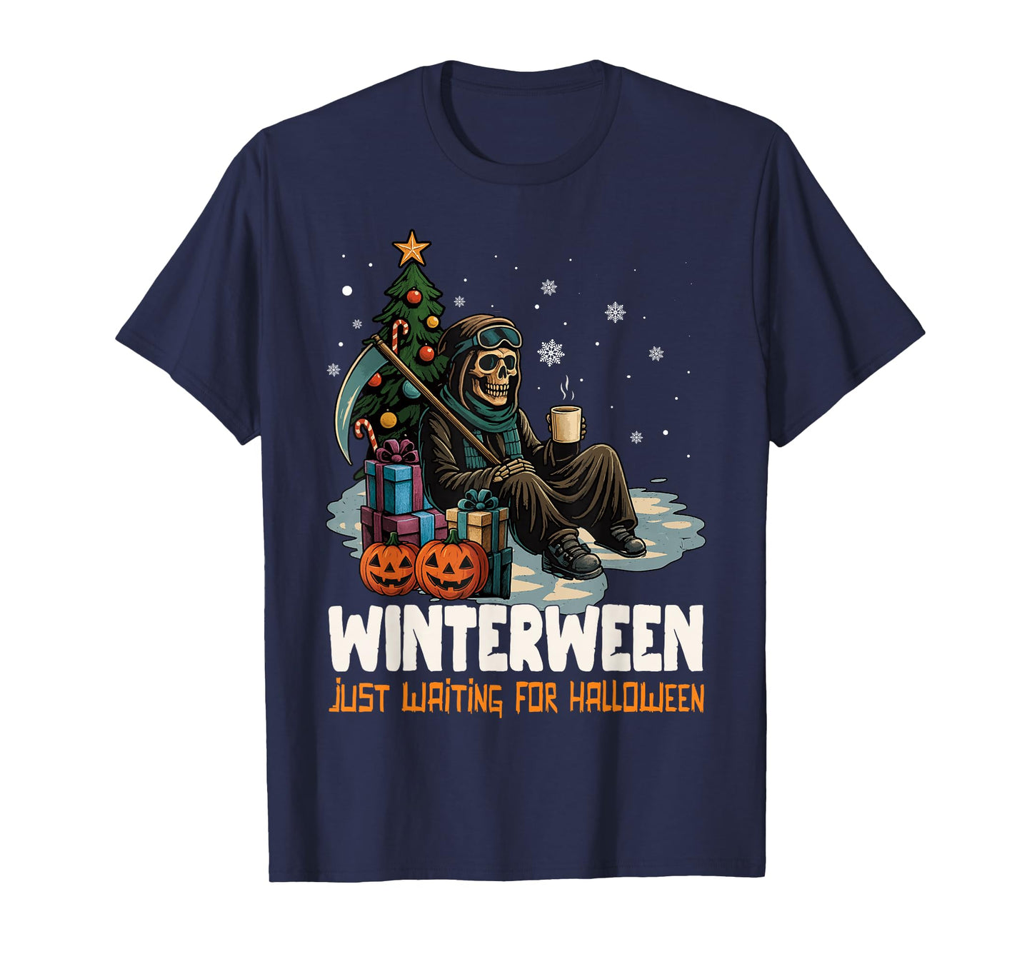 Winterween Just Waiting for Halloween Christmas Skeleton T-Shirt