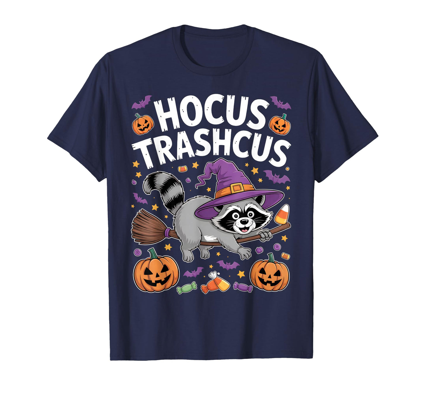 Hocus Trashcus Raccoon Witch Hat Broom Pumpkin Bat Halloween T-Shirt