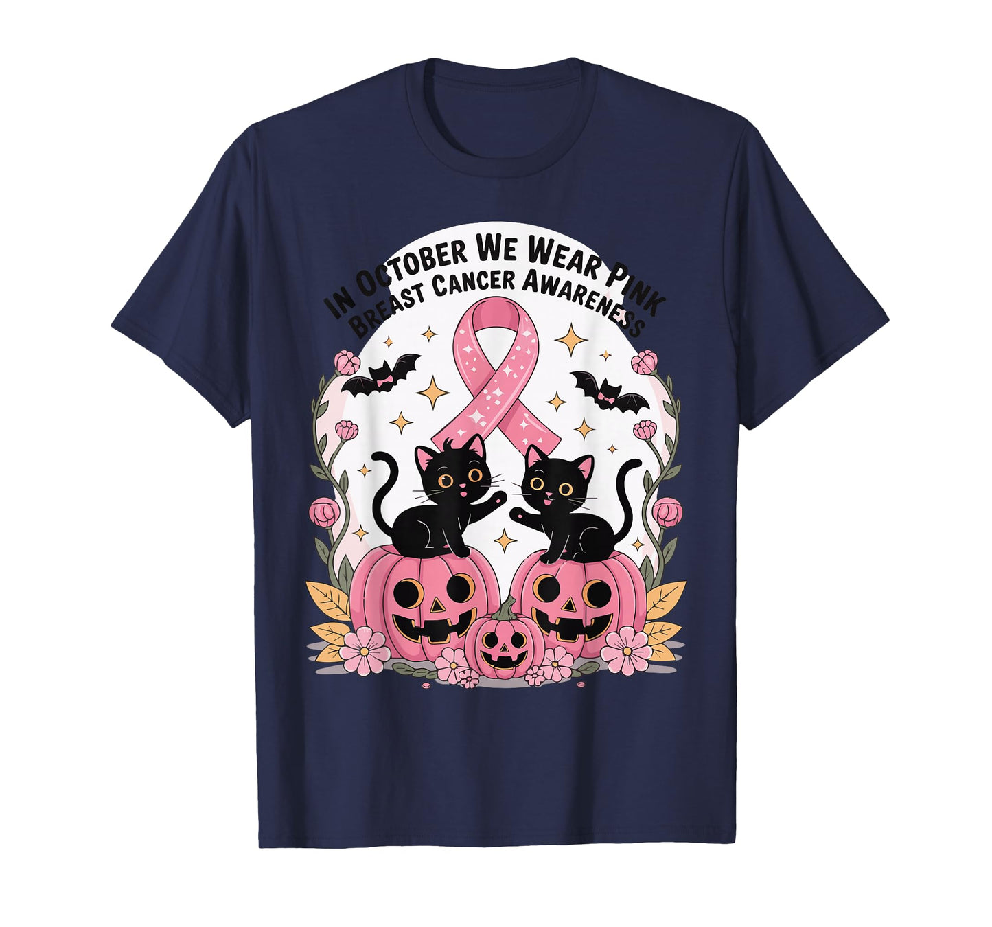 in October We Wear Pink Ghost Witch Breast Cancer Awareness T-Shirt