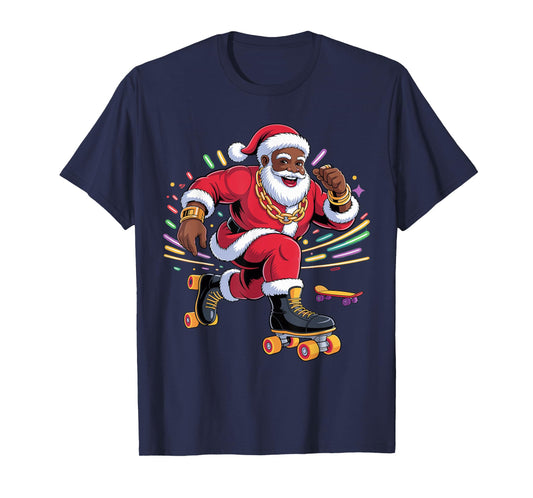 Afro Santa Skating African American Christmas Funny Holiday T-Shirt