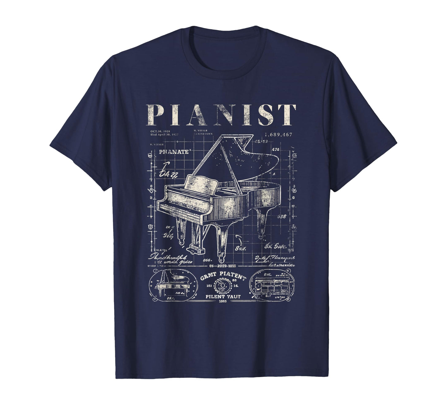 Old Grand Piano Shirt Vintage Patent Drawing Print Pianist T-Shirt