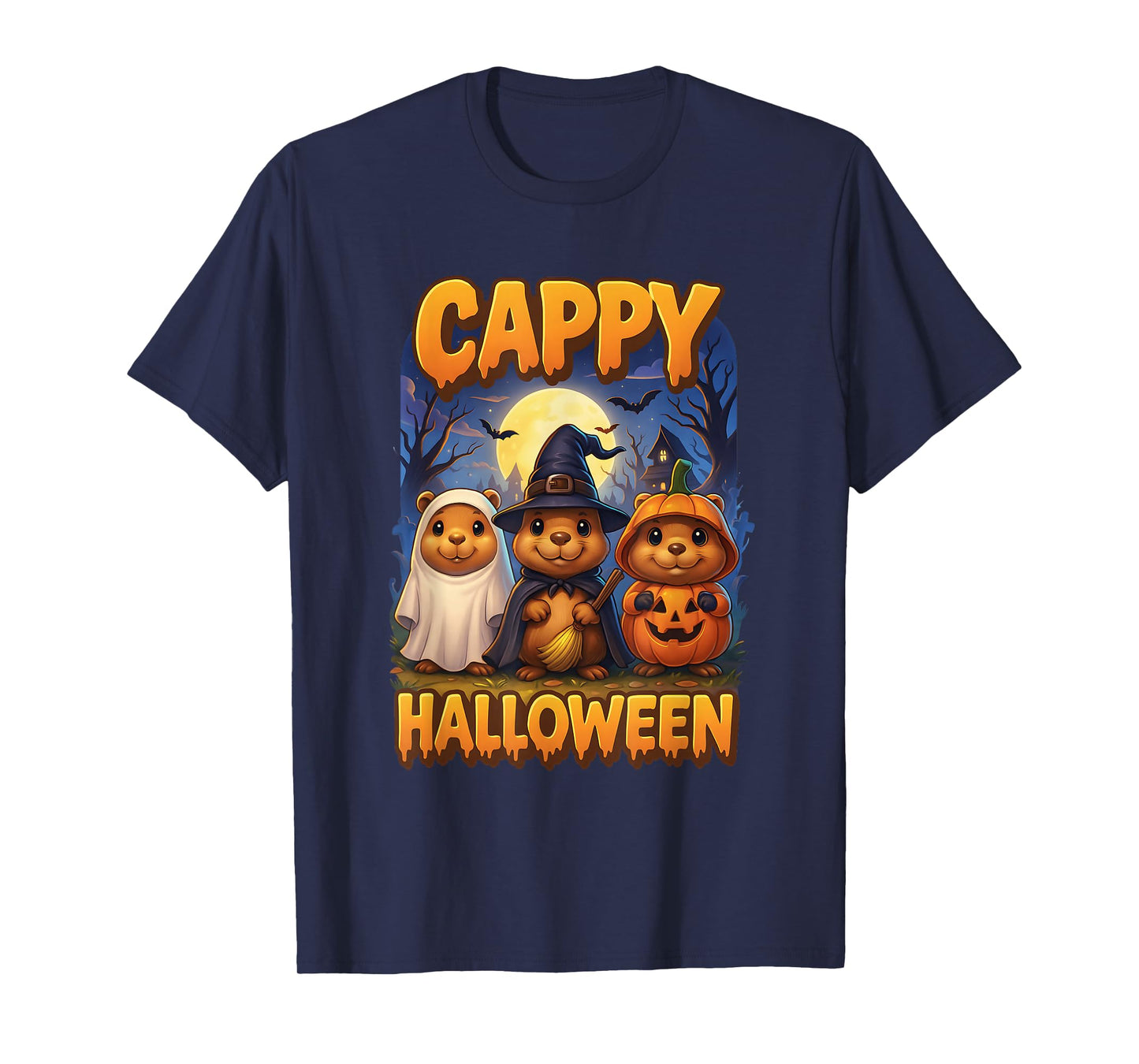 Cappy Halloween Funny Three Capybara Ghost Witch Pumpkin T-Shirt