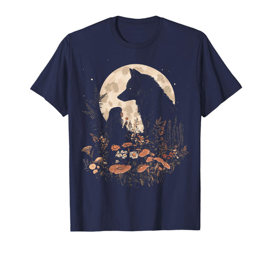 Dark Cottagecore Mushroom Girl and Wolf Women's T-Shirt