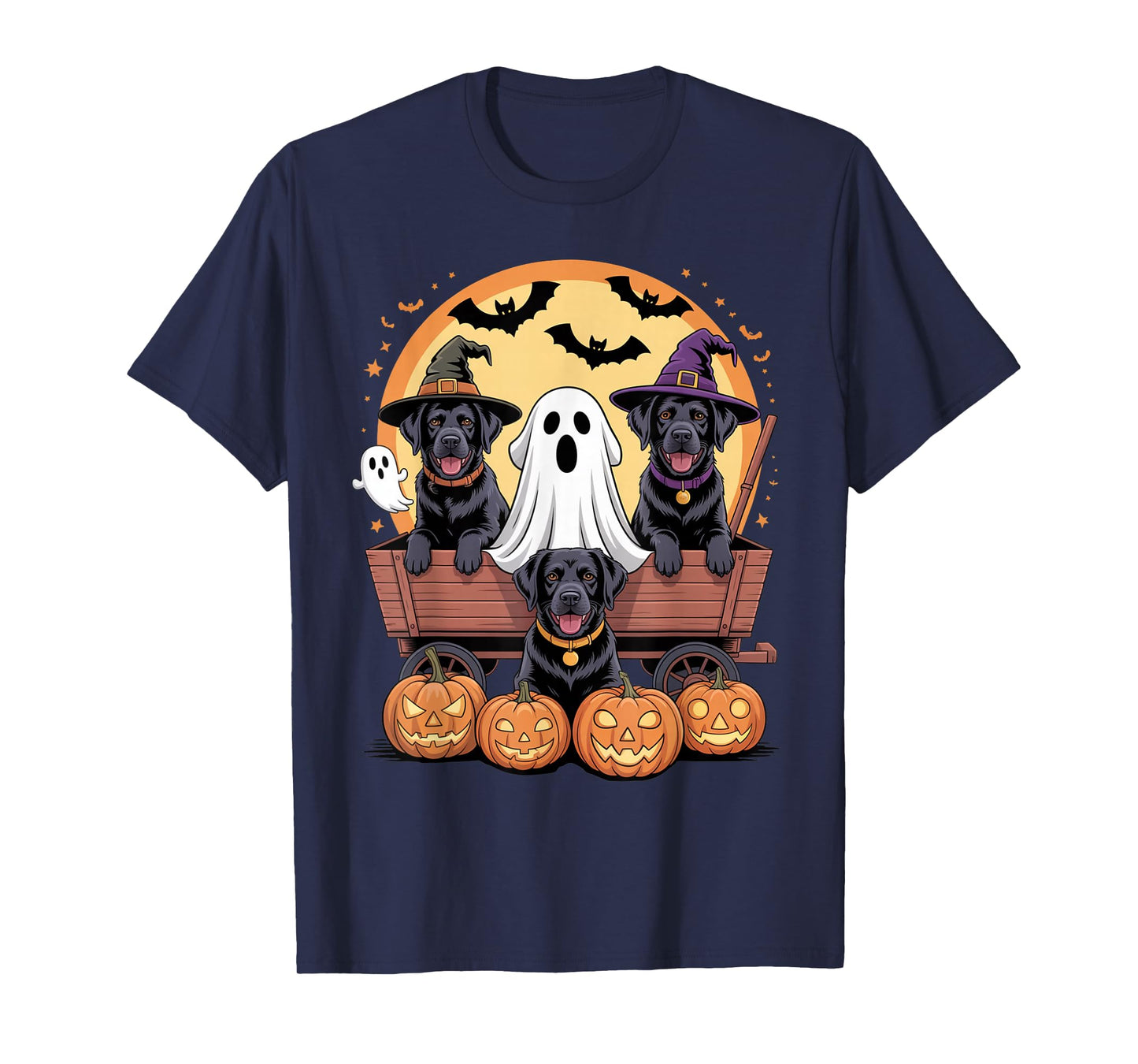 Black Labrador Halloween Wagon Witch Hats Bats Pumpkins T-Shirt