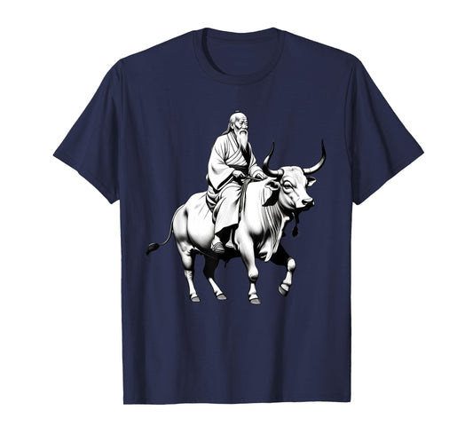 Vintage Spiritual Design Lao Tzu Riding An Ox, Tao Te Ching Unisex-Adults, Unisex-Kids Grey Short Sleeve Classic Fit Polyester T-Shirt