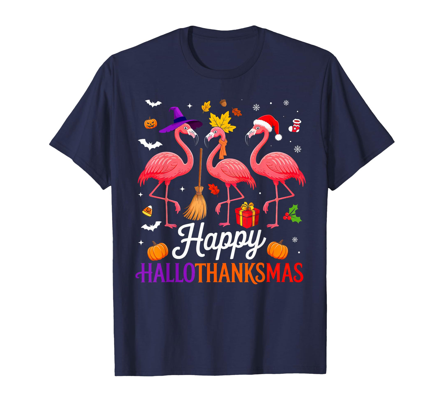 Happy Hallothanksmas Flamingo Lover Halloween Thanksgiving T-Shirt