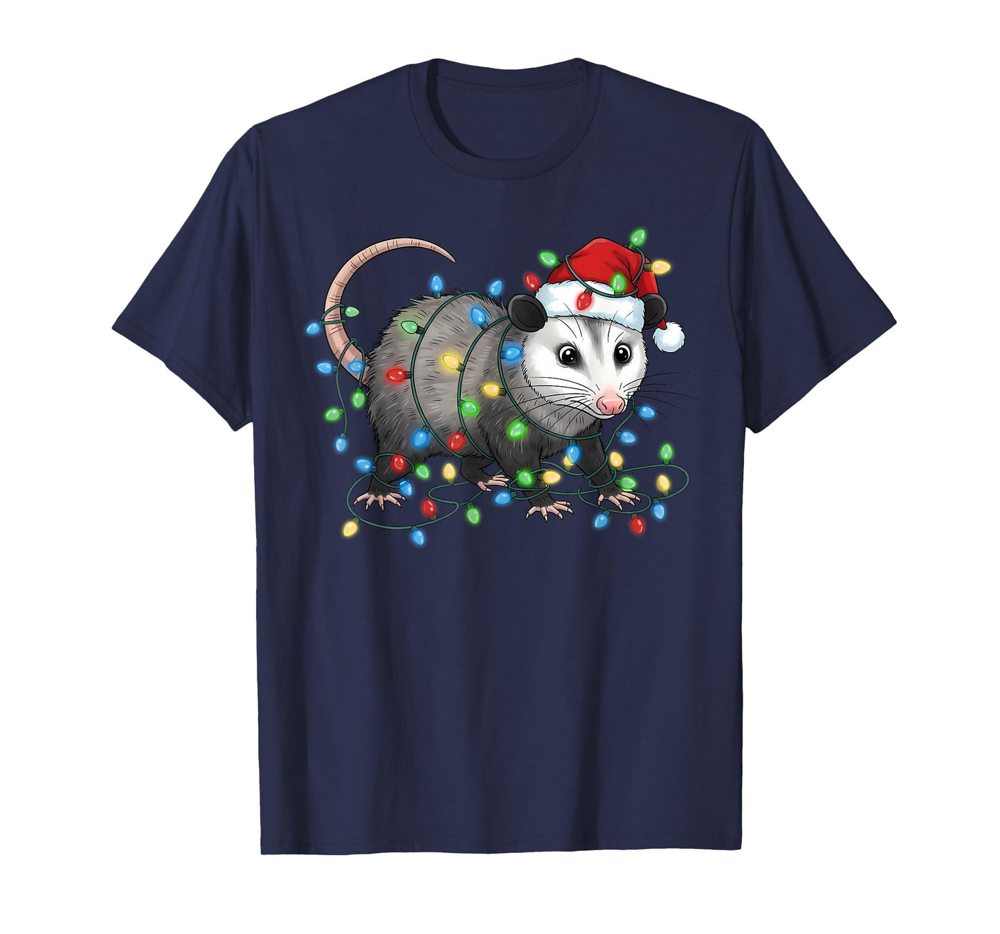 Cute Opossum Tangled in Christmas Lights Wearing Santa Hat T-Shirt