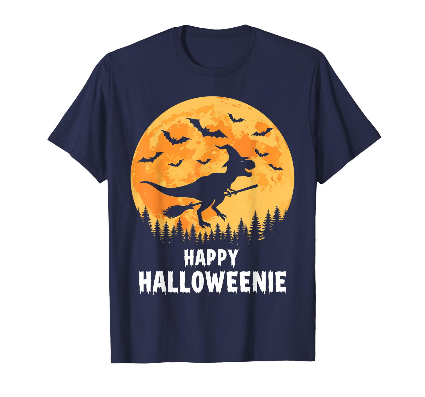 Happy Halloweenie Funny Dinosaur T Rex Flying Witch T-Shirt