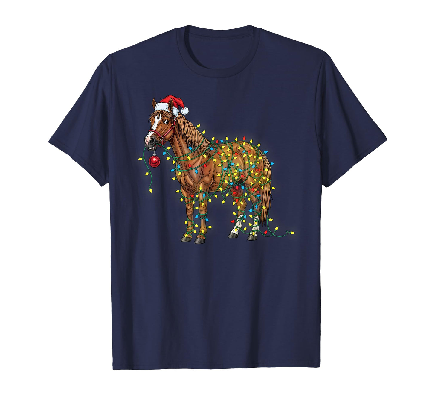 Funny Horse Tangled in Christmas Lights Wearing A Santa Hat T-Shirt