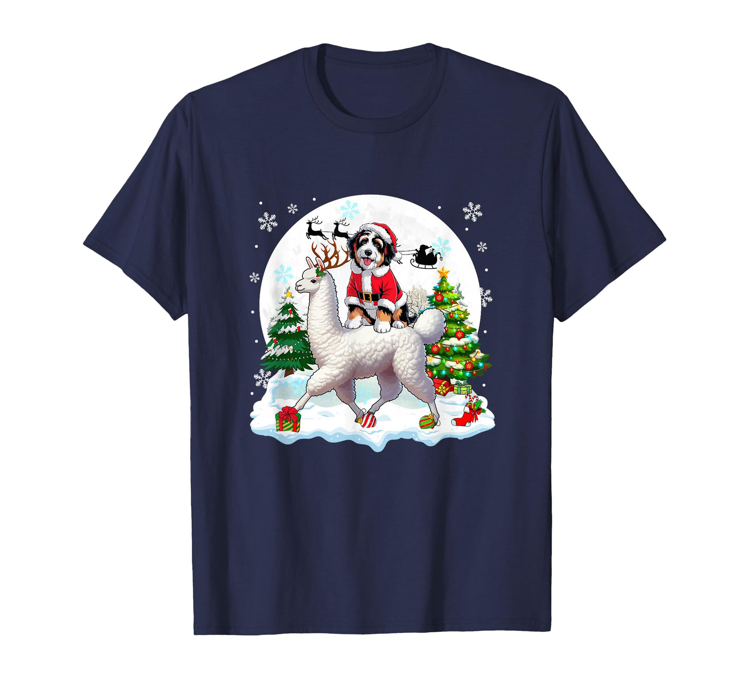 Santa Bernedoodle Riding Llama Reindeer Christmas Owner Kids T-Shirt