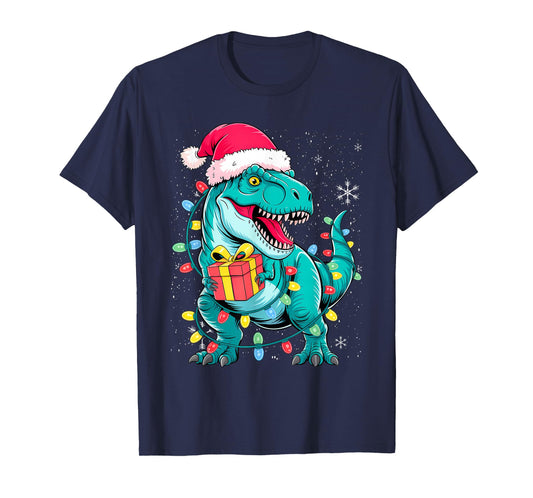 Dinosaur Santa for Boys Girls Christmas Tree Lights T-Shirt