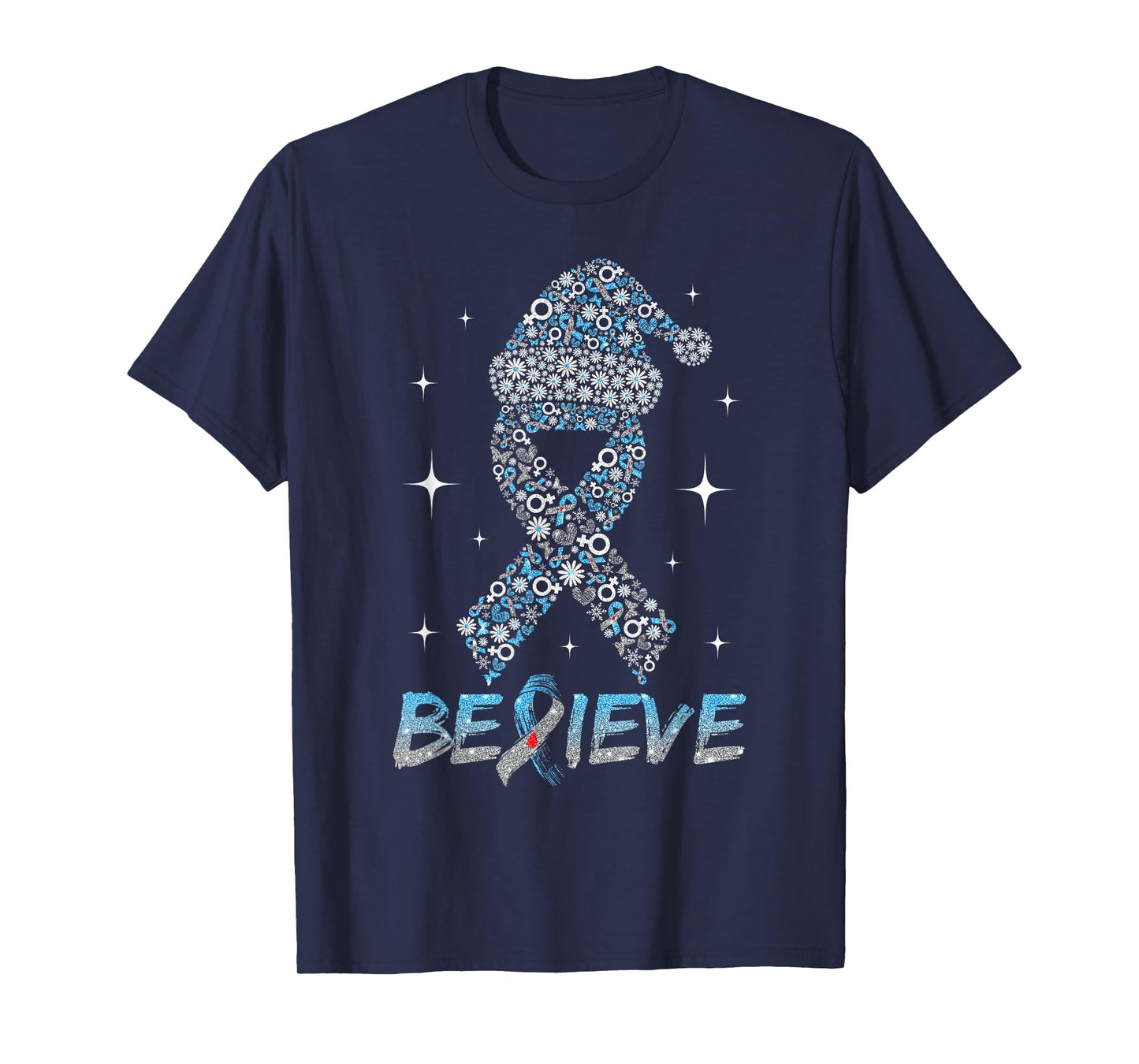 Believe Blue Gray Ribbon Santa Hat Christmas Type 1 Diabetes T-Shirt