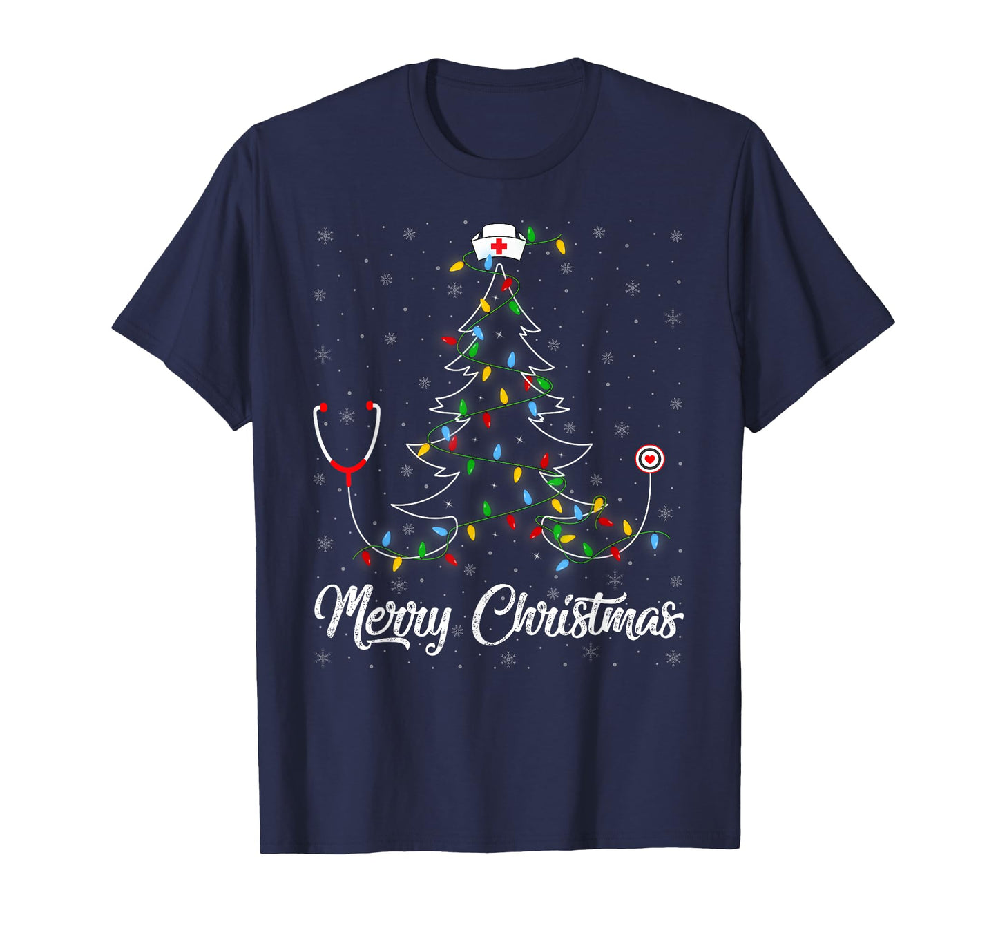 Nurse Stethoscope Christmas Tree Lights Funny Nursing Xmas T-Shirt