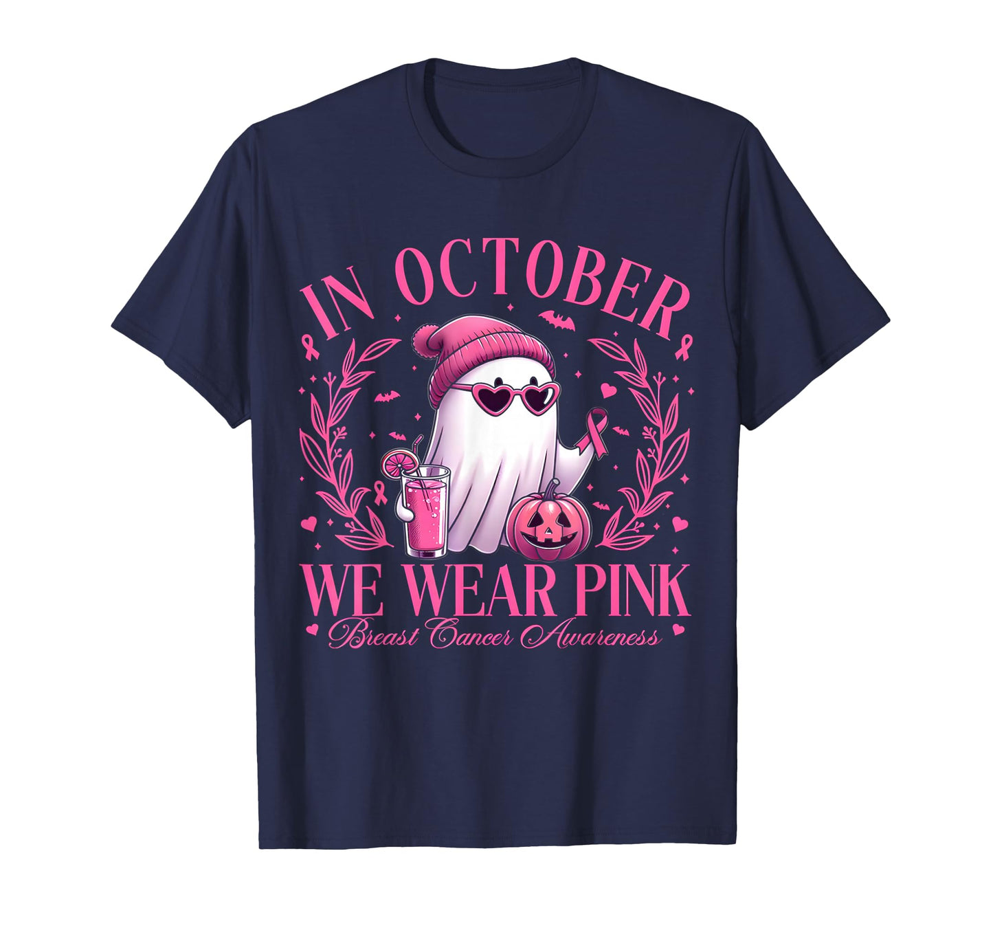in October We Wear Pink Ghost Witch Breast Cancer Awareness T-Shirt