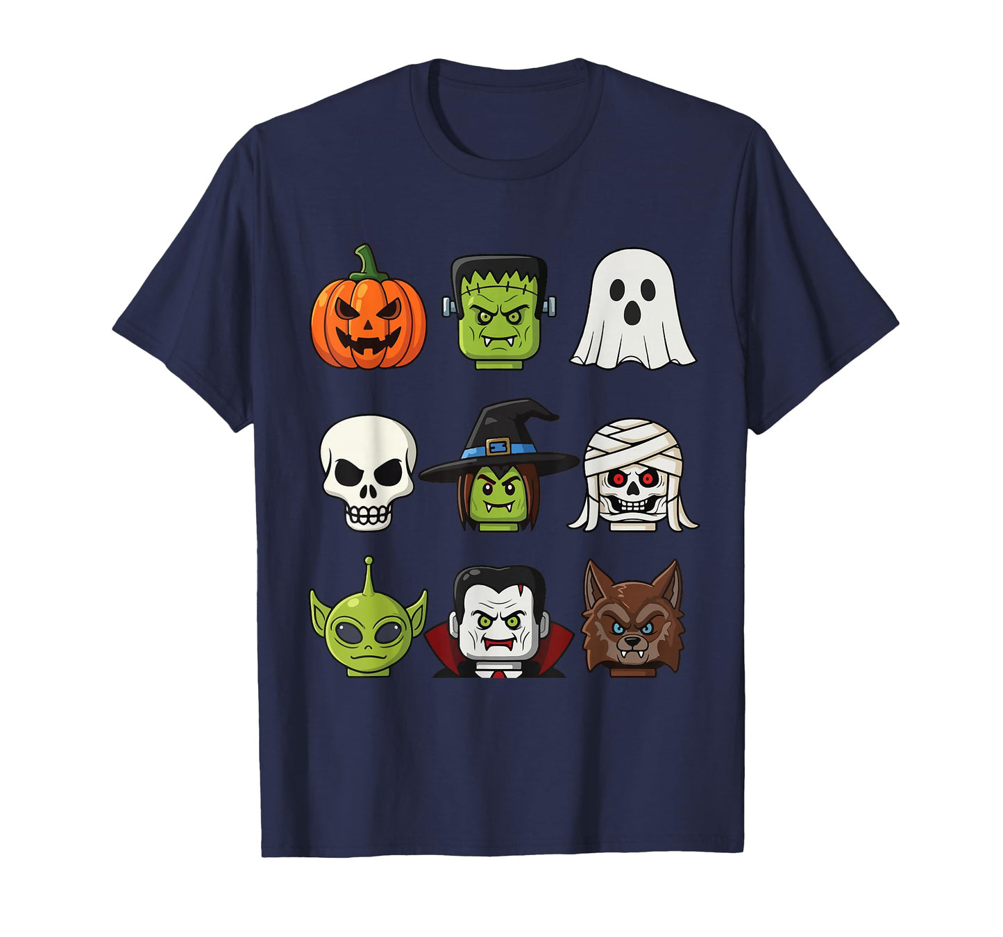 Spooky Halloween Faces Frankenstein Pumpkin Mummy Alien Wolf T-Shirt