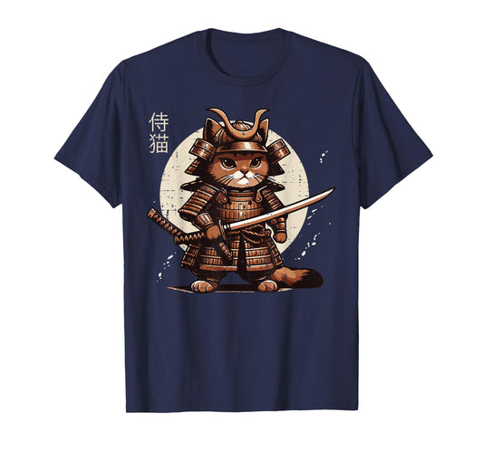 Japanese Samurai Cat Warrior Kitten Kitty Men Women Kids T-Shirt