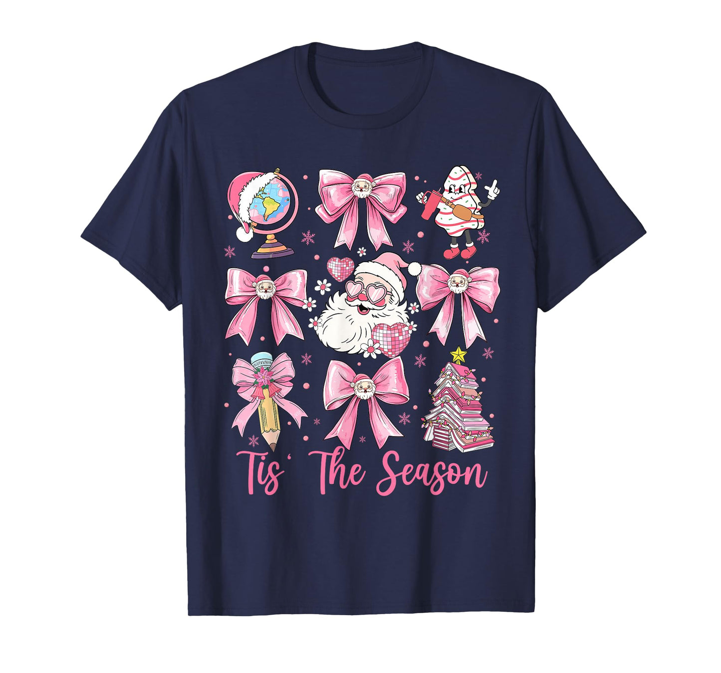 Tis The Season Pink Santa Claus Coquette Bow Teacher Girls T-Shirt