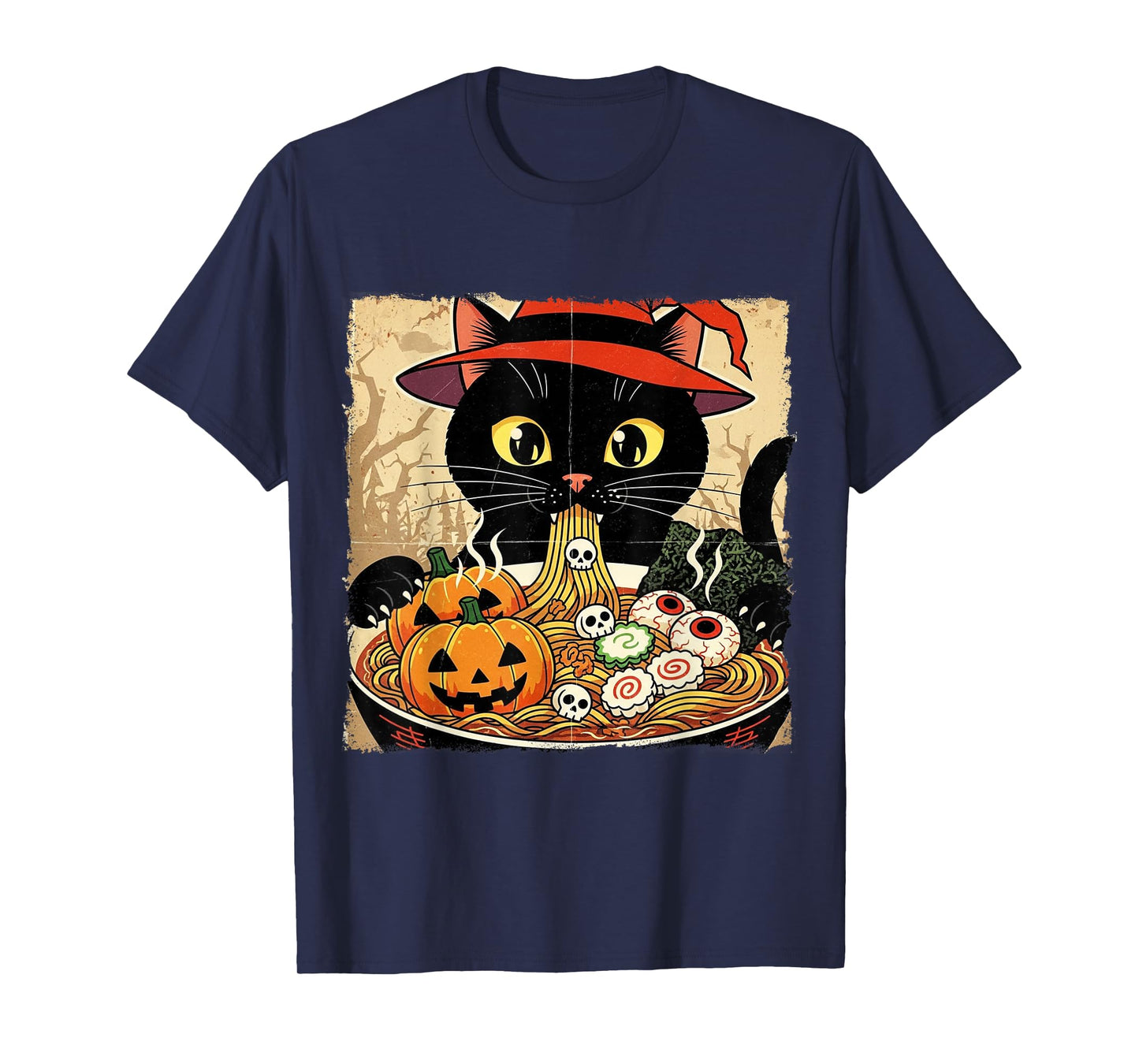 Black Cat Witch Hat Slurping Spooky Ramen Vintage Halloween T-Shirt