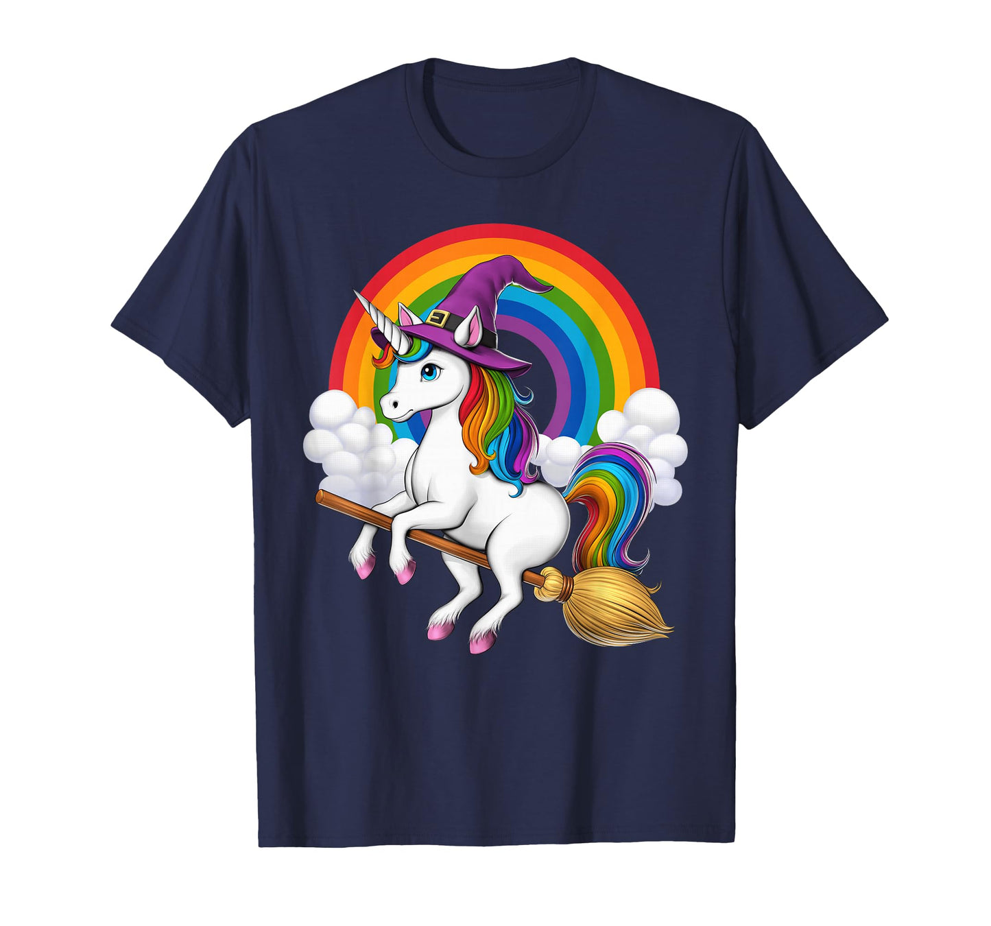 Unicorn Witch Riding Broom Halloween Wiccan Spooky Rainbow T-Shirt